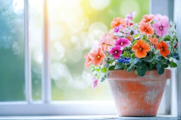 Vibrant multicolored petunias in a terracotta pot, sunny windowsill.