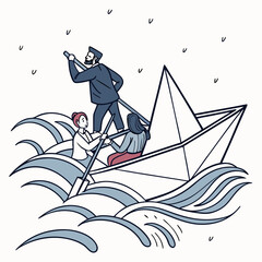 Business team navigating stormy waters in a paper boat towards their goal