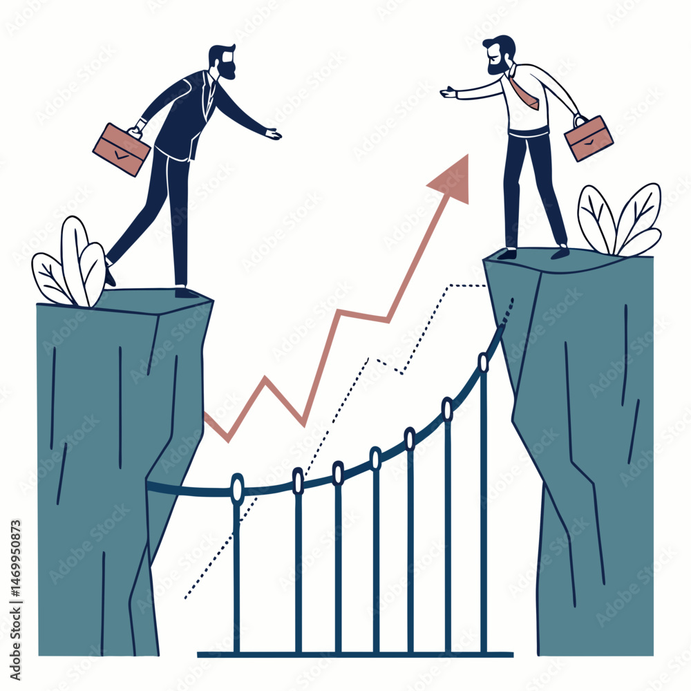 Poster businessmen on cliffs with bridge and growth arrow representing teamwork and progress
