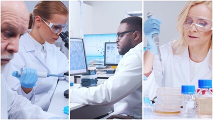 Technology and medical concept. Scientists, lab equipment and microscopes in biomedical innovations and clinical studies. Ideal for educational content. Vertical videos.