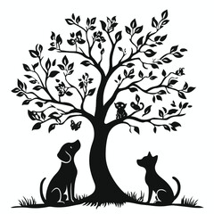 Silhouette Tree With Dog Cat And Birds In Harmony Vector Illustration Black And White Design