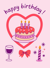 Adorable birthday card vector with a heart-shaped frame, cake with candles, wine glass, ribbon, and festive icons. Perfect for greeting cards and party invitations in soft pastel tones.