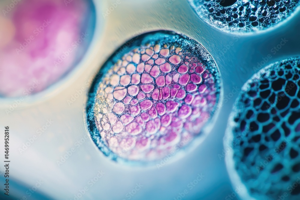 Poster microscopic view of colorful cells with textured surfaces, possibly representing biological samples 