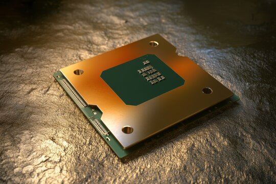 CPU Chip on Gold Surface