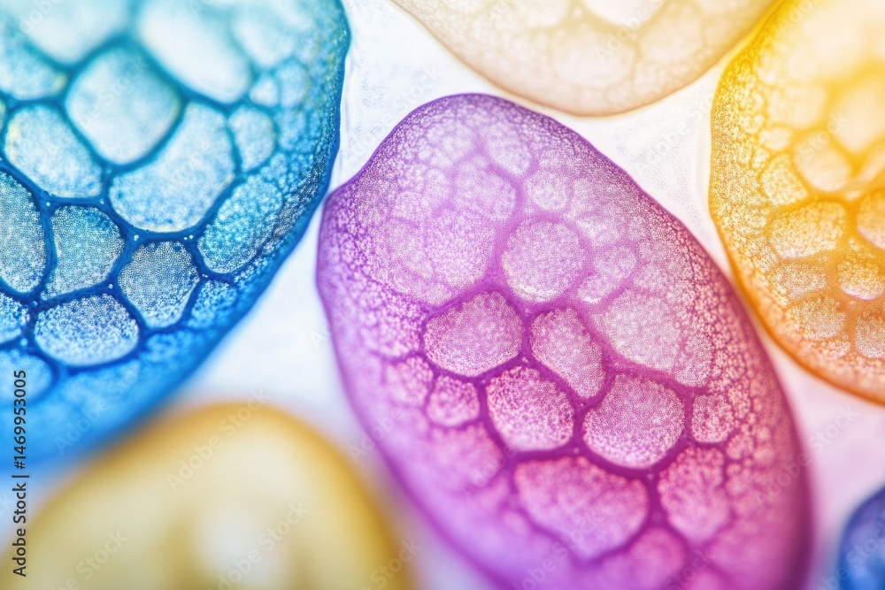 Poster close-up view of vibrant, multicolored bubble formations, resembling abstract art or cellular struct