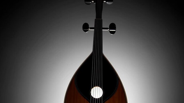 Front view of traditional oud with dramatic spotlight and dark background


