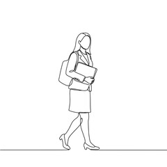 Woman walking confidently with folder and bag in minimalist style  