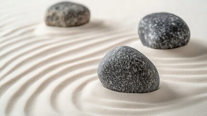 Zen Garden Featuring Gray Pebbles on Rippled Sand Surface Creating a Calming and Meditative Aesthetic