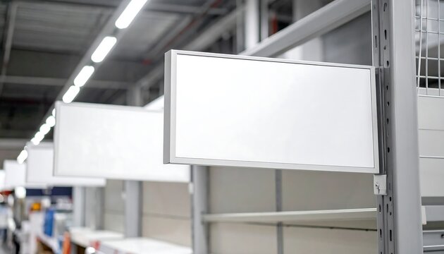 Blank White Signs on Metal Shelving in Modern Retail Store