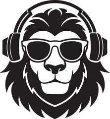lion with headphones and sunglasses silhouette, black and white silhouette, vector and illustration