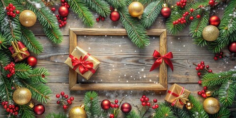 A Festive Winter Wonderland Scene with Evergreen Branches, Sparkling Ornaments, and Elegant Wrapped Gifts Arranged Around a Rustic Wooden Frame