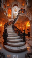 Grand spiral staircase in opulent mansion