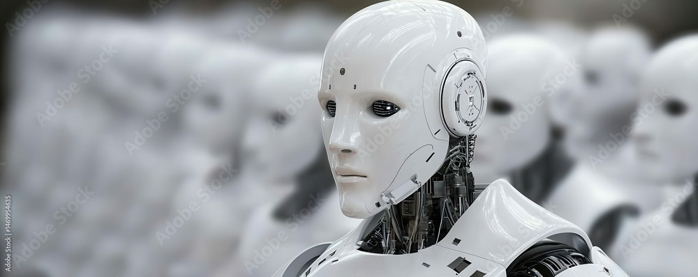 Poster A row of humanoid robots with white exteriors and mechanical features, standing in formation.