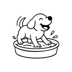 A dog standing in a small kiddie pool, paws up, water splashing around with playful line accents.