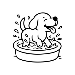 A dog standing in a small kiddie pool, paws up, water splashing around with playful line accents.