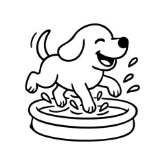 A dog standing in a small kiddie pool, paws up, water splashing around with playful line accents.
