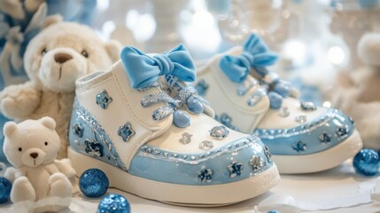 Baby boy shoes with teddy bear and blue decorations for baby shower celebration