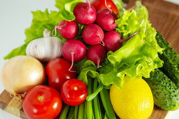 Set of fresh vegetables and fruits close-up. Healthy eating concept.
