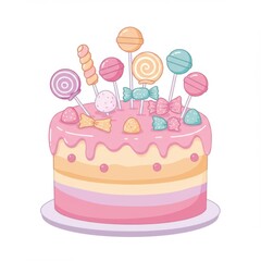 Pastel Pink Layered Cake Topped with Colorful Candies and Lollipops