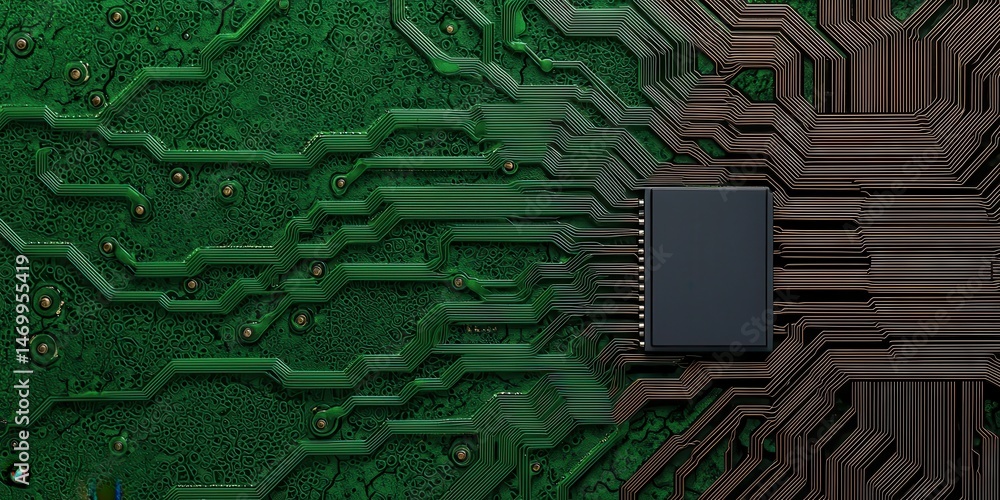 Poster A close-up view of a green circuit board with intricate pathways and a central microchip.
