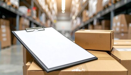 Blank Clipboard on Cardboard Boxes in Warehouse