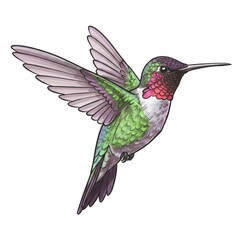 Obraz premium Green And Purple Hummingbird In Flight White Background