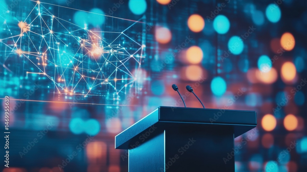 Poster medium shot of a podium featuring neural network policy analyzer concept: visualizing ai impact on g
