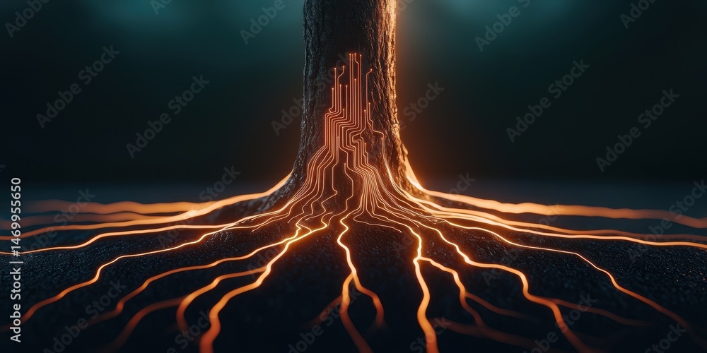 Poster a tree trunk with glowing, circuit-like roots spreads into the ground, blending nature and technolog