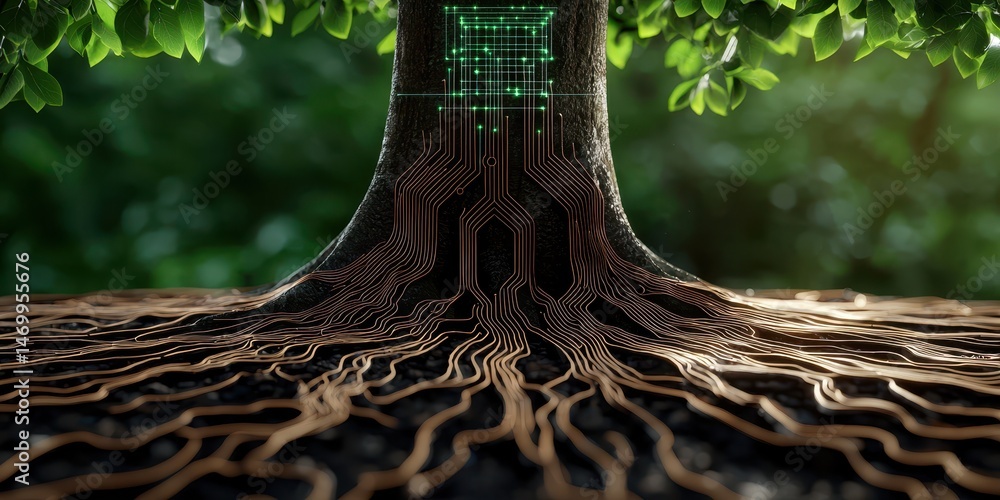 Poster a tree with roots resembling electronic circuits, symbolizing the fusion of technology and nature.