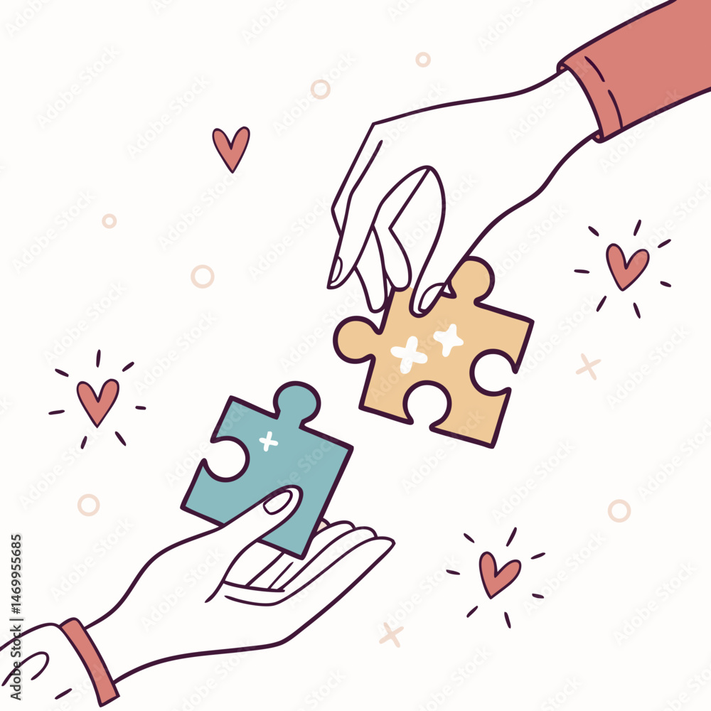 Poster collaborative teamwork concept depicted with hands assembling puzzle pieces and a dialogue bubble