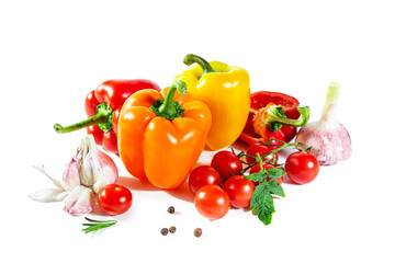 Mix of colorful bell peppers, cherry tomatoes and garlic.