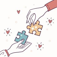 Collaborative teamwork concept depicted with hands assembling puzzle pieces and a dialogue bubble