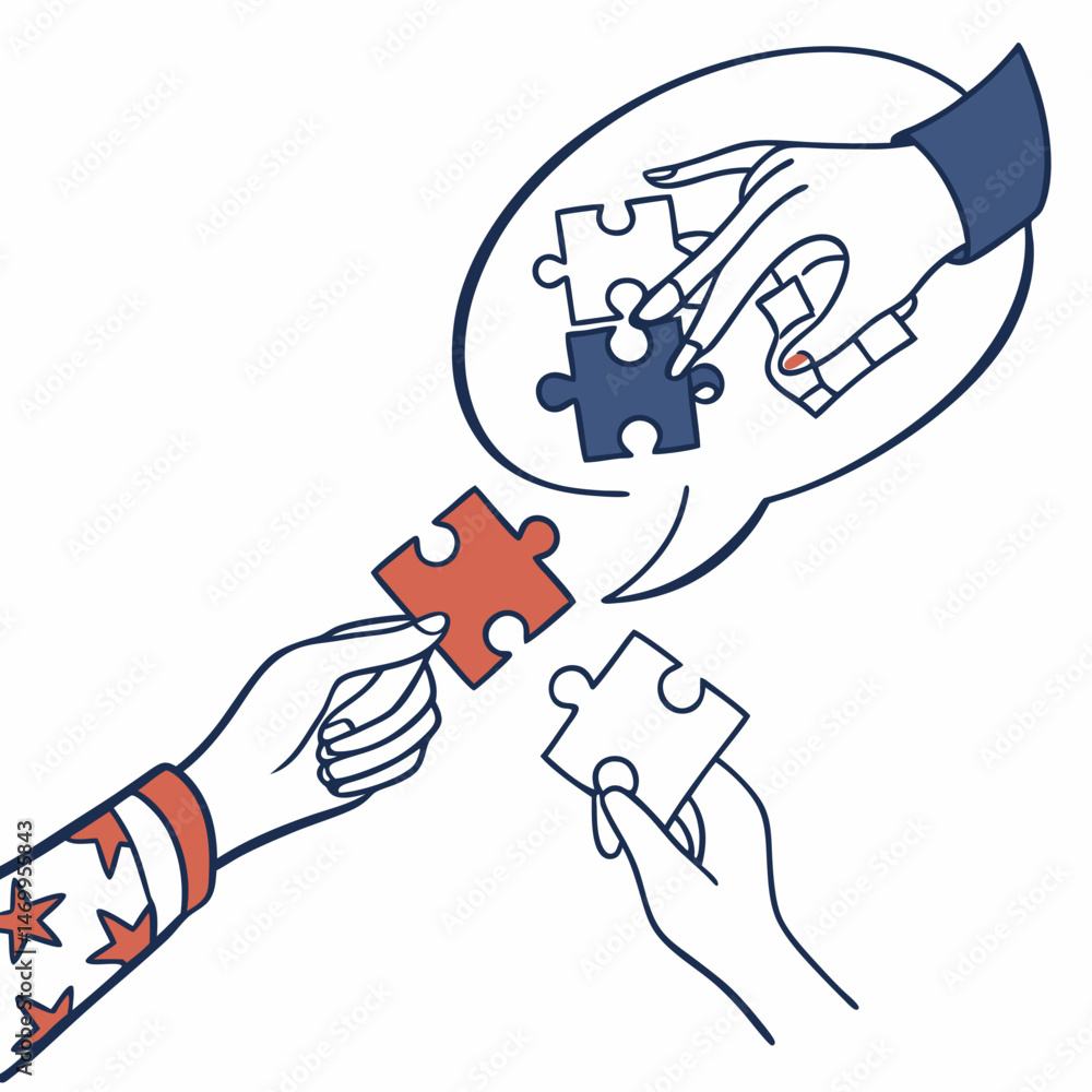 Poster collaborative problem solving depicted with hands fitting puzzle pieces together