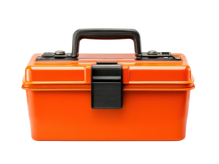 Bright orange toolbox for DIY projects and home repairs on a transparent background, cut out