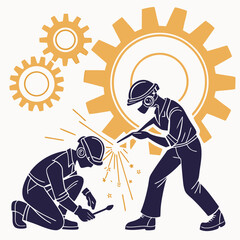 Illustration of welders working with gears depicting engineering and manufacturing