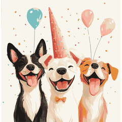 Three Happy Dogs Celebrating A Birthday Party With Balloons And Confetti Wearing Party Hats And Bowties