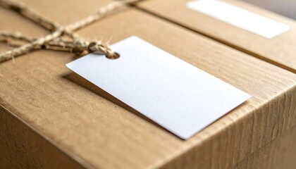 Obraz premium Blank White Gift Tag on Brown Cardboard Box