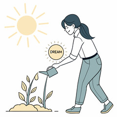 Nurturing dreams conceptual illustration of a woman watering a young plant