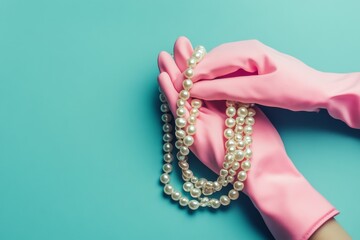 Pink gloved hands holding pearl necklace on blue background