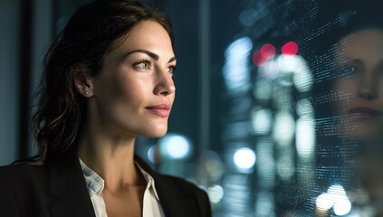 Fototapeta premium A businesswoman is looking out of the window at night, with digital screens and skyscrapers in the