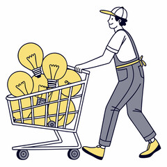 Innovative thinking: a person pushing a shopping cart filled with gears and a lightbulb.