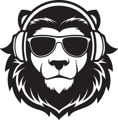lion with headphones and sunglasses silhouette, black and white silhouette, vector and illustration