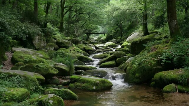 A serene forest stream flows over moss-covered rocks beneath a lush green canopy, with a small wooden bridge in the background.