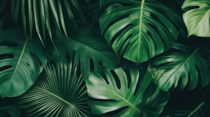 Fototapeta premium Vibrant green tropical leaves background with monstera and palm foliage