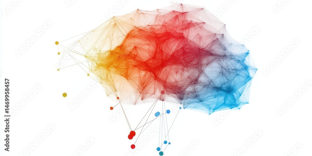 Poster Colorful neural network visualization shaped like a brain, representing connections and data flow, on a white background.