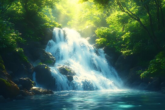 Lush waterfall cascading down rocky terrain in a dense forest.