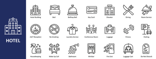 Hotel Outline Vector Icon Set – Travel, Tourism, and Accommodation Icons