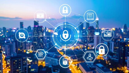 Data protection and compliance icons concept on digital interface over cityscape.