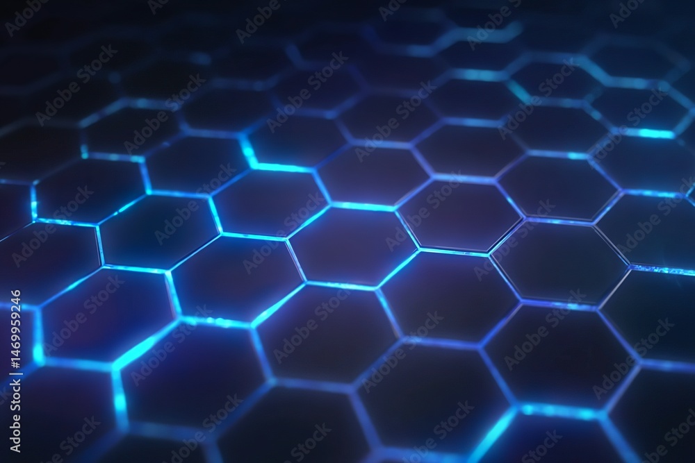 Poster a close-up of an animated hexagonal grid with glowing blue edges, set against a dark background.