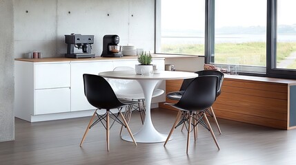 Modern kitchen area with round table and chairs.